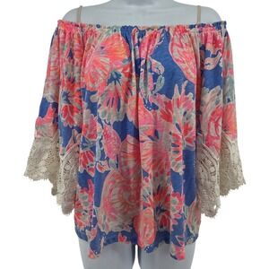 Lilly Pulitzer Zaylee Top Bennett Blue Bay Dreaming Off Shoulder Lace Trim Small